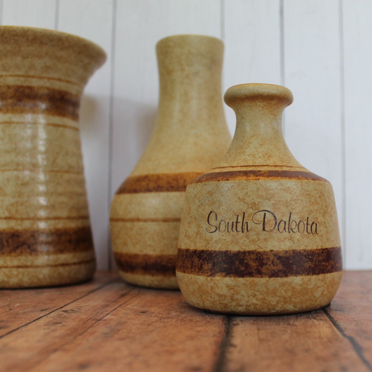 Vintage Pottery Craft USA Stoneware Vase Set of 3 Cream Yellow Tan