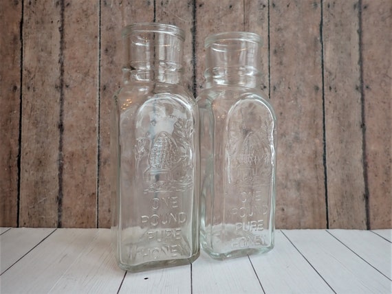 Vintage Glass Honey Bottles Jar Set of 2 Large Size 1 Pound 16 oz Bottles Honey Acres Beehive Kitchen Decor