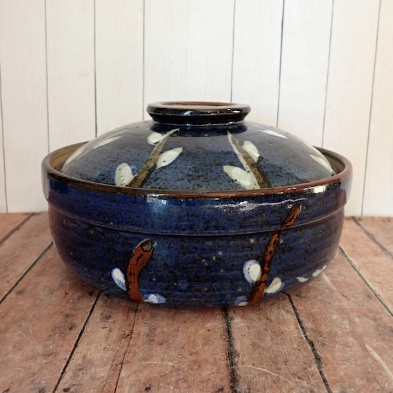 Vintage Otagiri Pussywillow Stoneware Casserole Dish with Lid Blue and White Pussy Willow Branch Design