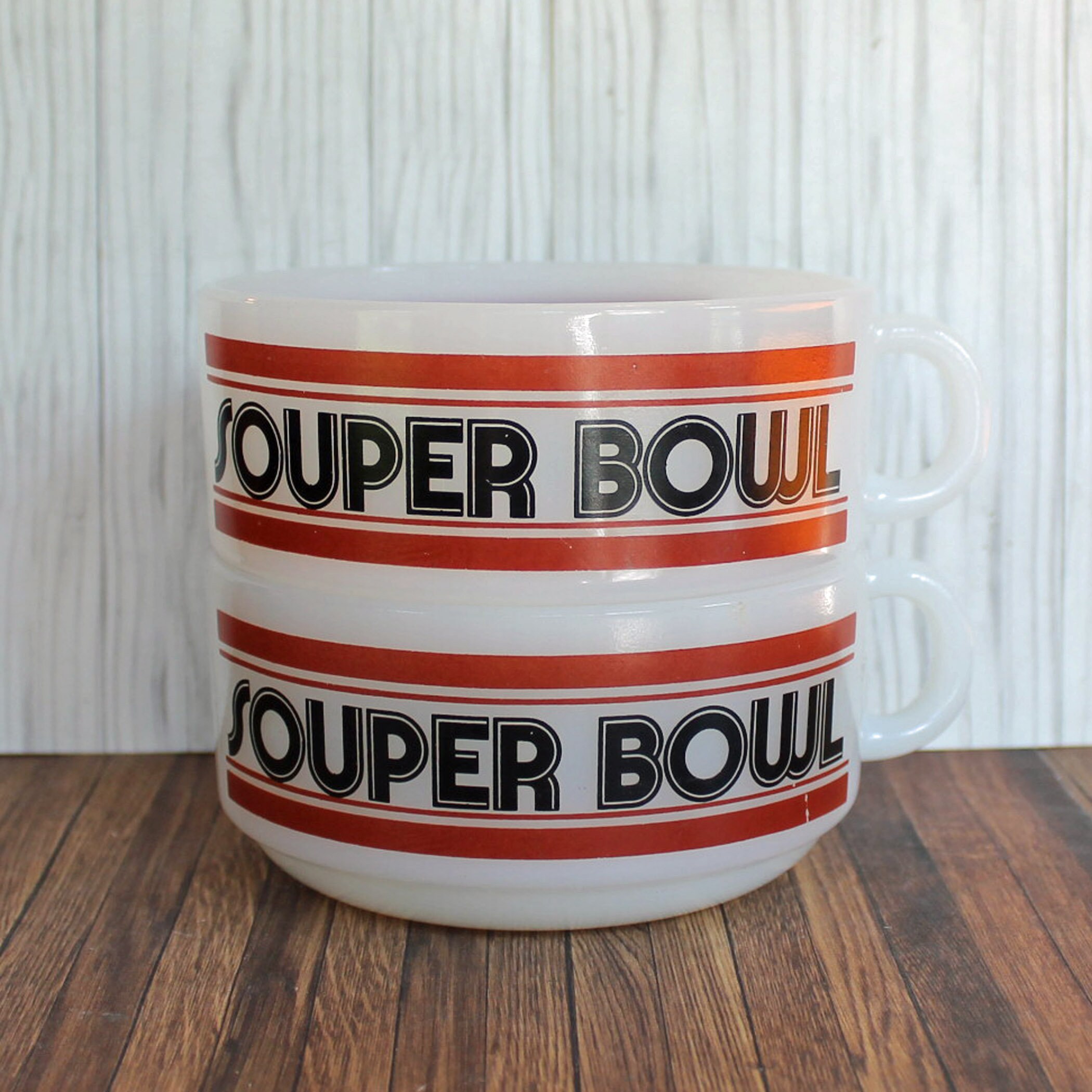 Vintage Glasbake Milk Glass Soup Bowl Mug Set of 2 White Bowls with Red