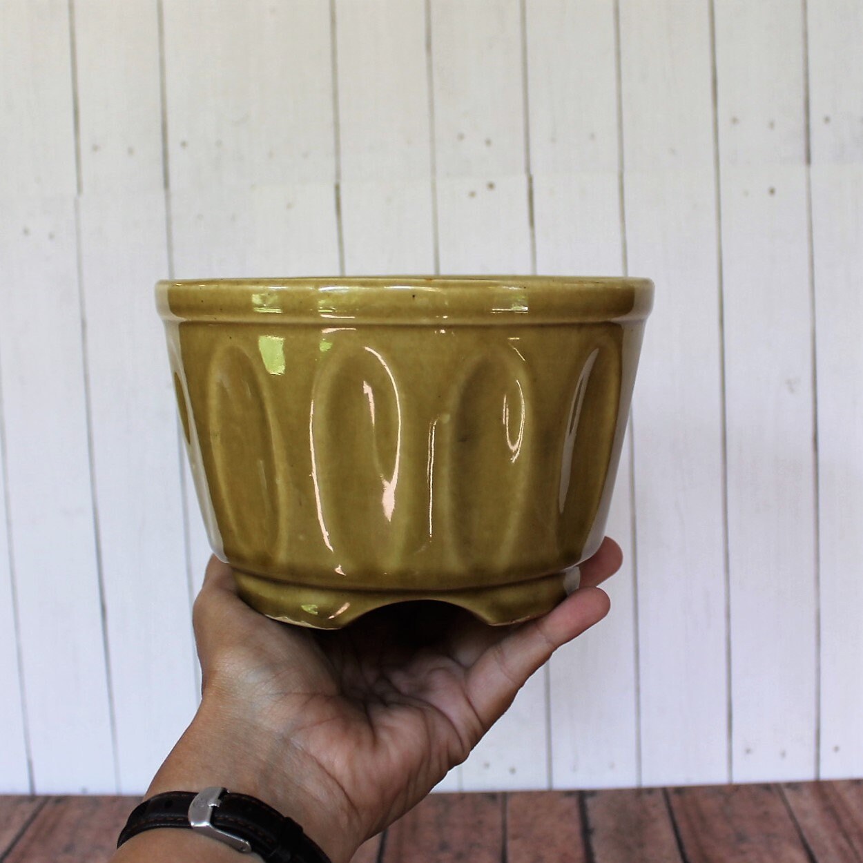 Vintage Gold Yellow Ceramic Planter Round Shaped with Oval Ribbed