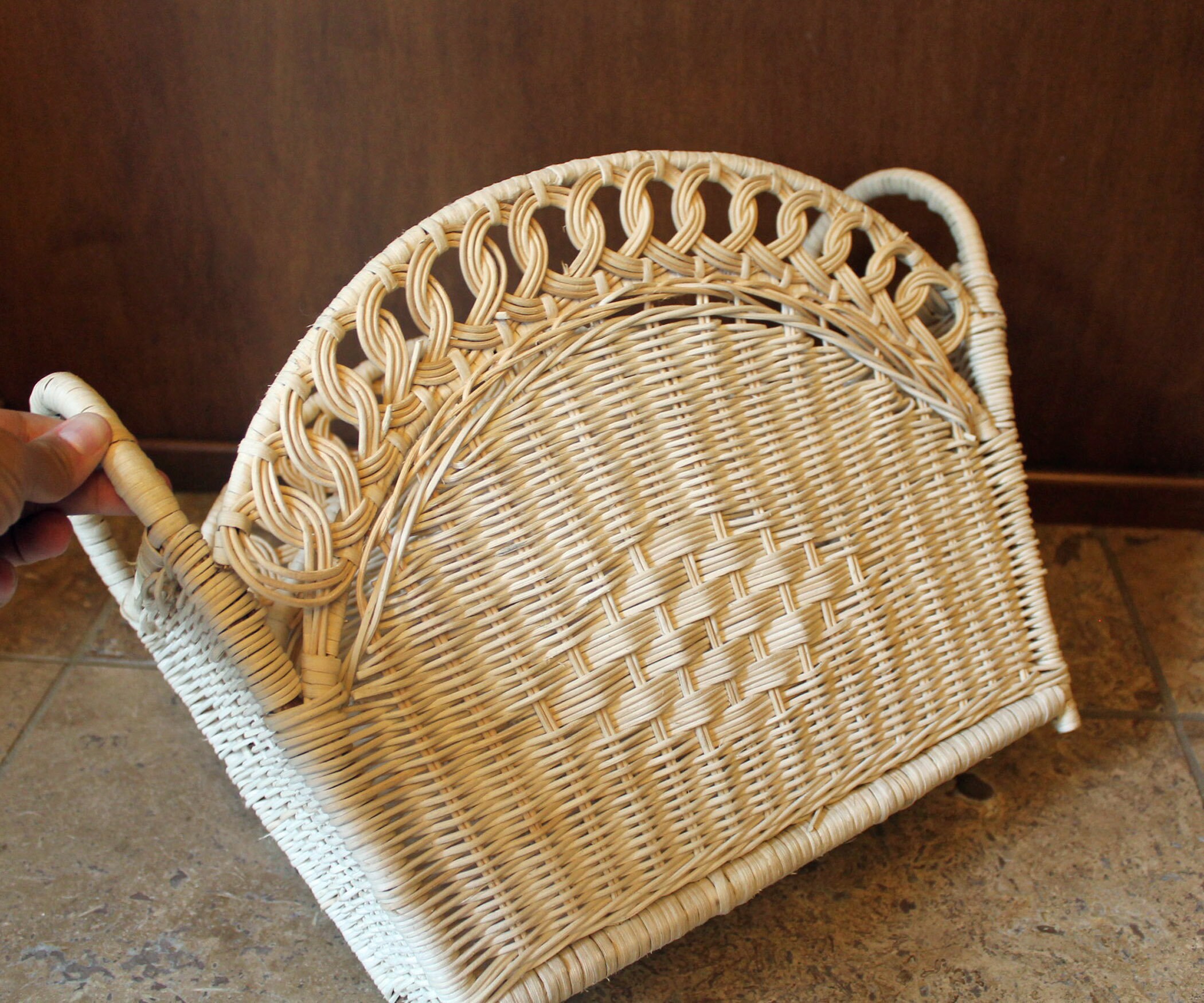 Vintage Wicker Woven Magazine Book Holder Rack with Handles Rectangular Boho Decor
