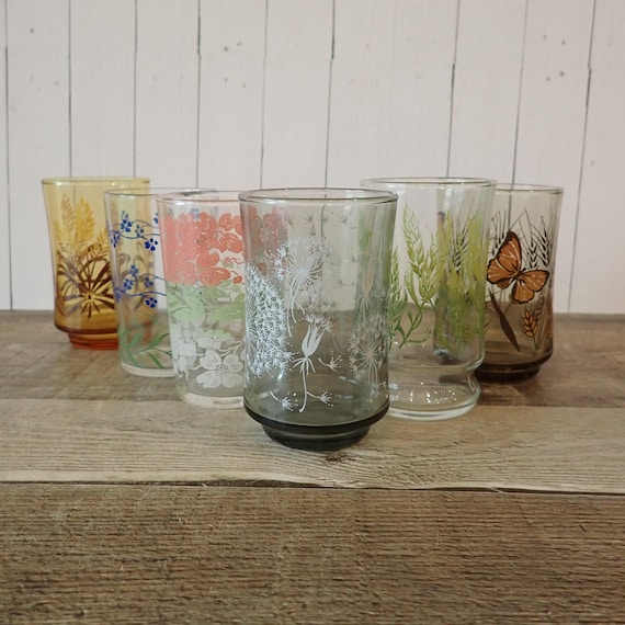 Vintage Mismatched Juice Glasses Set of 6 Glasses with Floral and Leaf Patterns Drinking Glasses Libbey Mix and Match Set