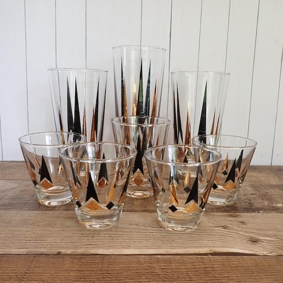 Vintage Anchor Hocking GOLDEN PEAKS Atomic Arrow Set of 8 Glasses 4 Sizes Mix and Match Cooler Tumbler Whiskey Clear Gold Black Diamonds