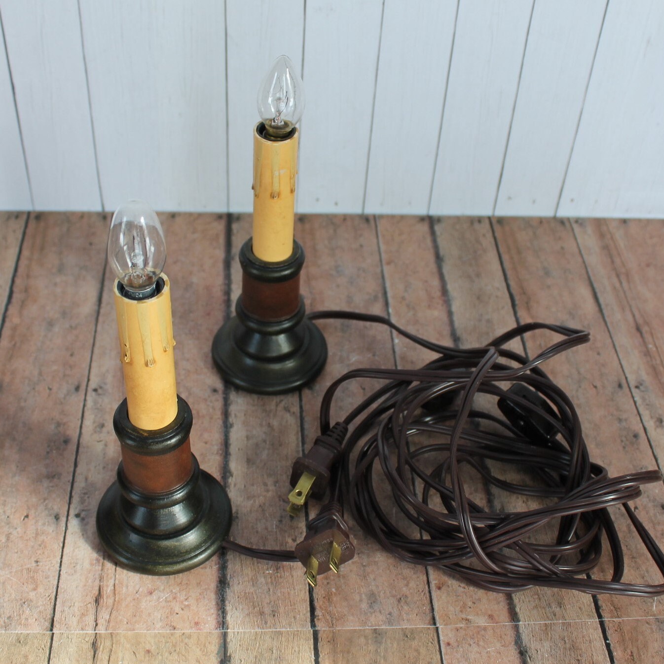 Vintage Electric Candlestick Lamp with Wooden Spool Base Americana Folk Art