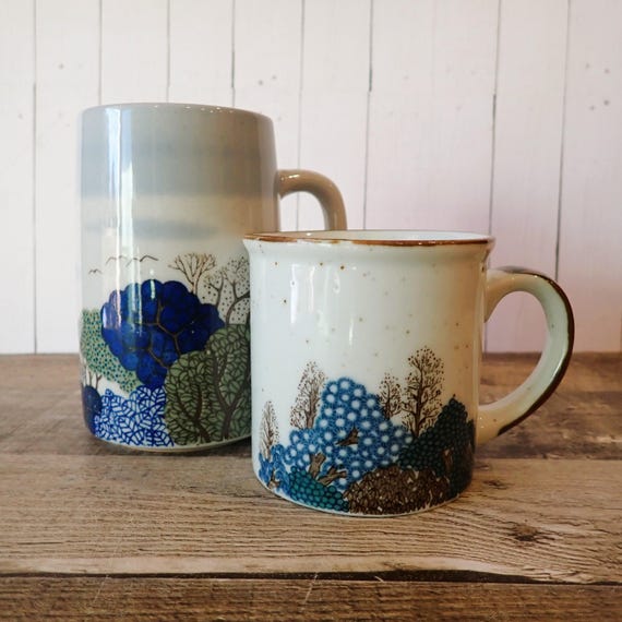 Vintage Stoneware Mug Set of 2 White Brown and Tan Tree Designs Otagiri Style Mid Century Modern Pottery