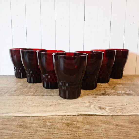 Vintage Anchor Hocking WINDSOR Royal Ruby Red Glass Flat Tumbler Juice Glass 5 oz. Set o 7