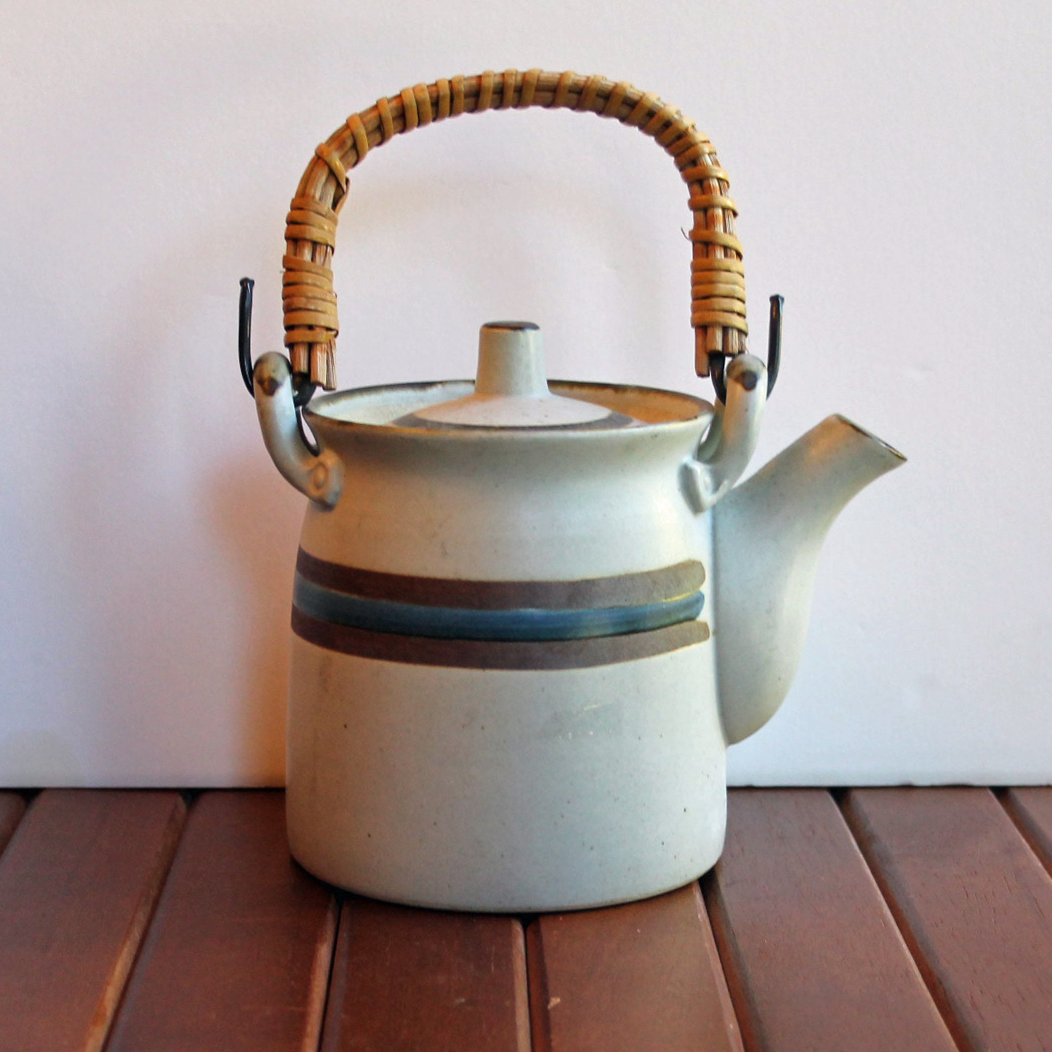 Vintage Otagiri HORIZON Teapot Gray Stoneware with Blue and Brown Mand