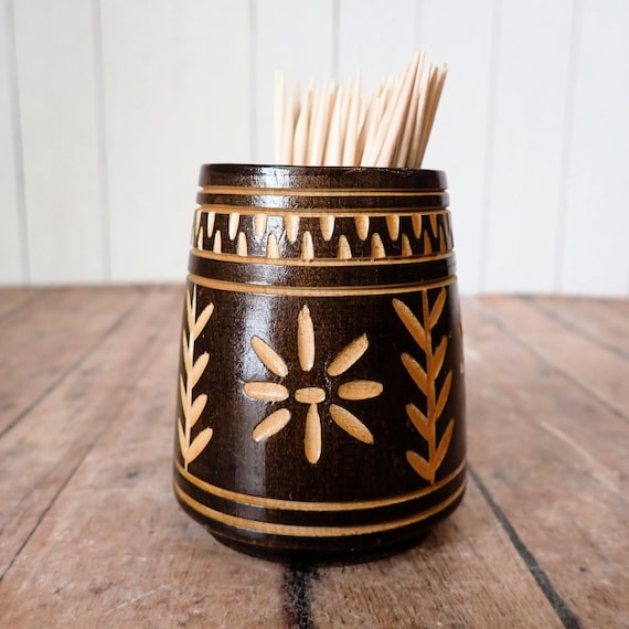 Vintage Wooden Toothpick Holder with Carved Etched Floral and Leaf Design Turned Wood
