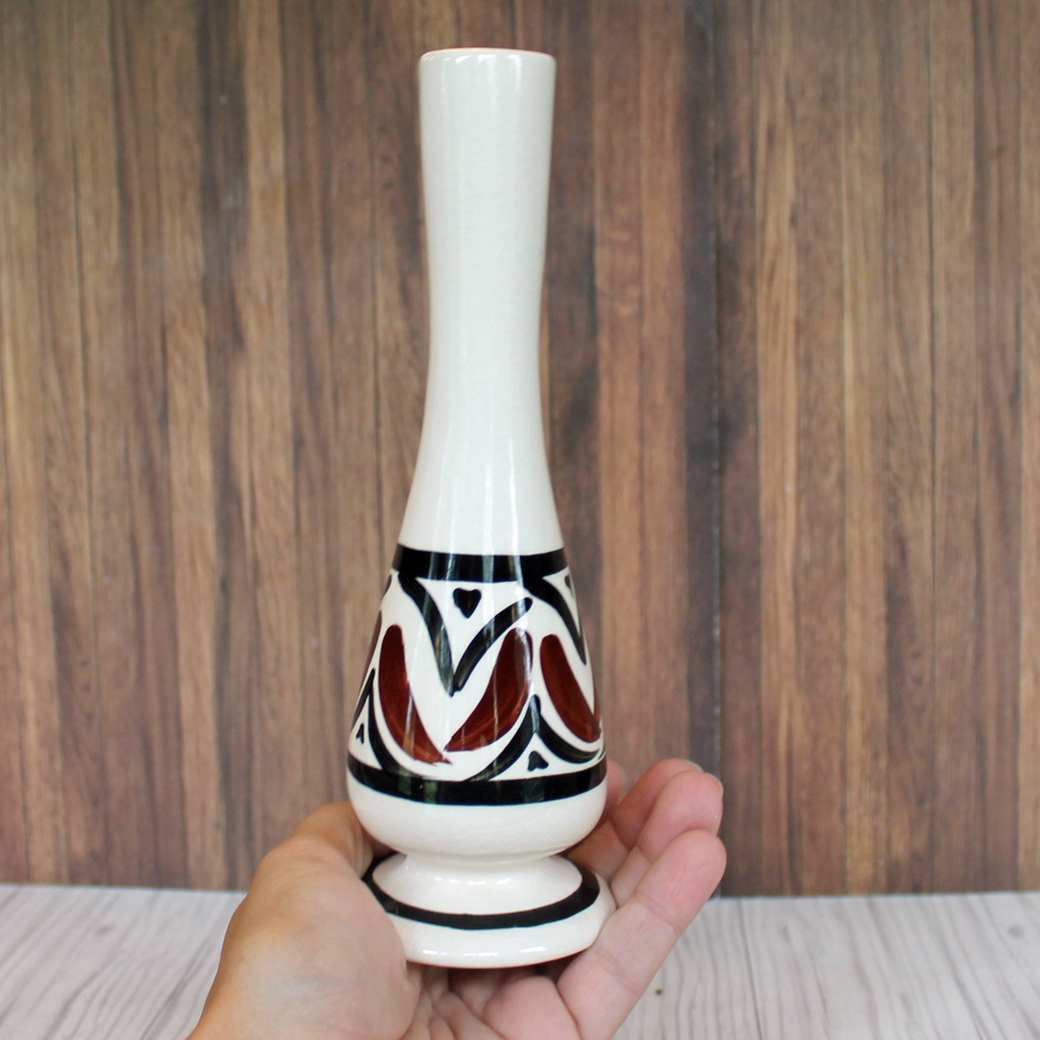 Vintage Ceramic Hawaiian Pottery Bud Vase White Brown Black Tapa Design Floral Leaf Made in Hawaii