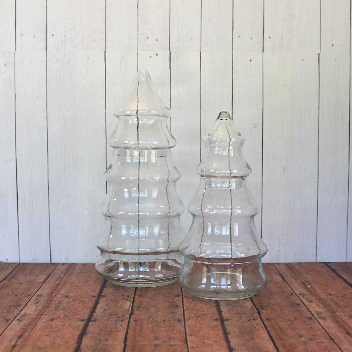 Vintage Clear Glass Tall Christmas Pine Tree Jar Canister Set of 2