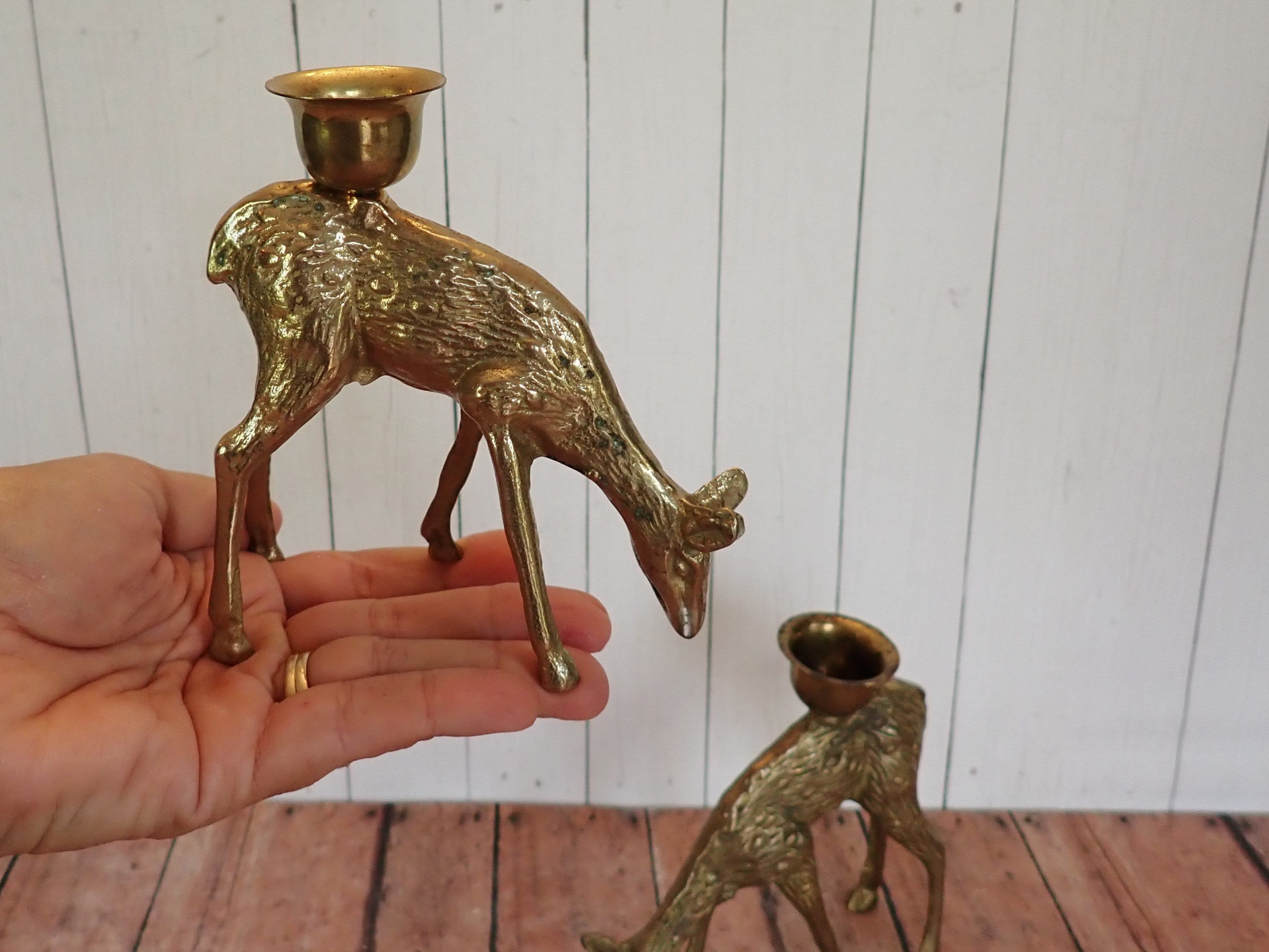 Vintage Brass Deer Candle Holder Set of 2 Figurine Statue