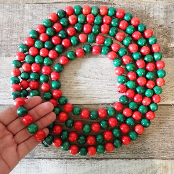 Wood Bead 8' Foot Red and Green Wood Bead Garland Set of 3 Strands 24' Feet Wooden Beads Christmas Tree Decor Wood Beads Vintage Inspired