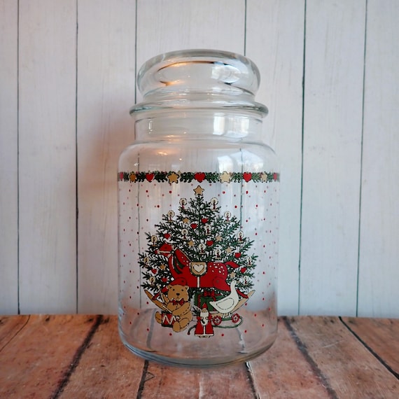 Vintage CHD Glass Canister Apothecary Jar with Lid Christmas Tree and Toys Pattern Trees Rocking Horse Christmas Candy Jar 1987