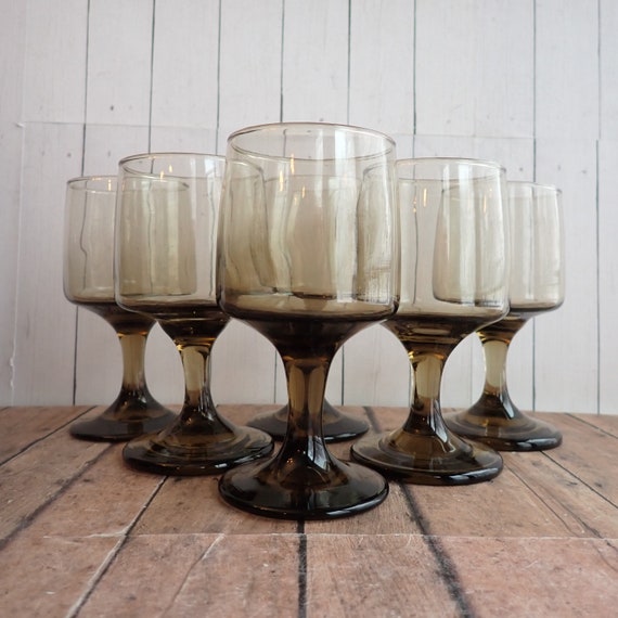 Vintage Libbey Glass TAWNY ACCENT Smoky Brown Wine Glass Set of 6 Glasses