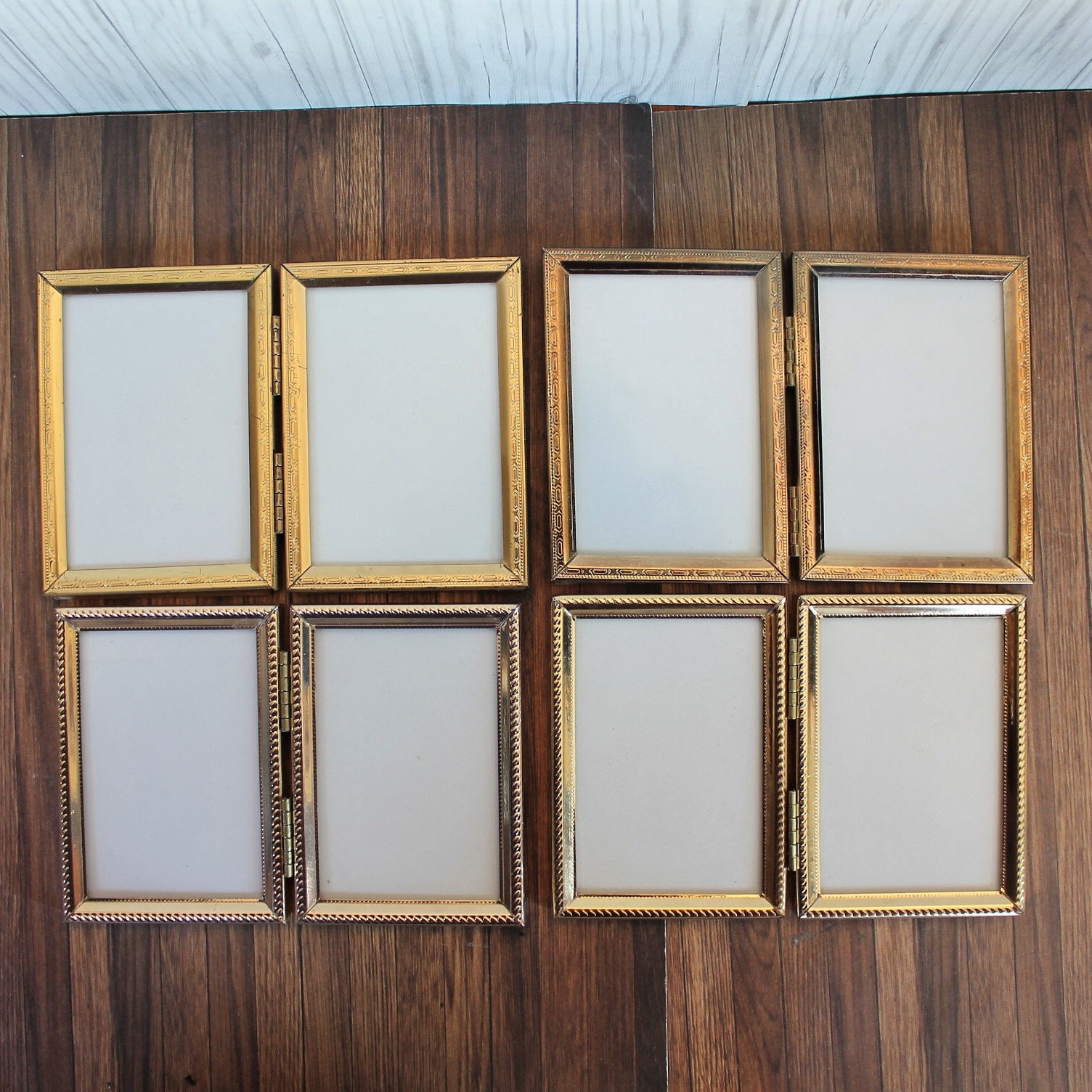 Vintage 2x3 Double Hinged Metal Gold Brass Photo Picture Frame Set of 4