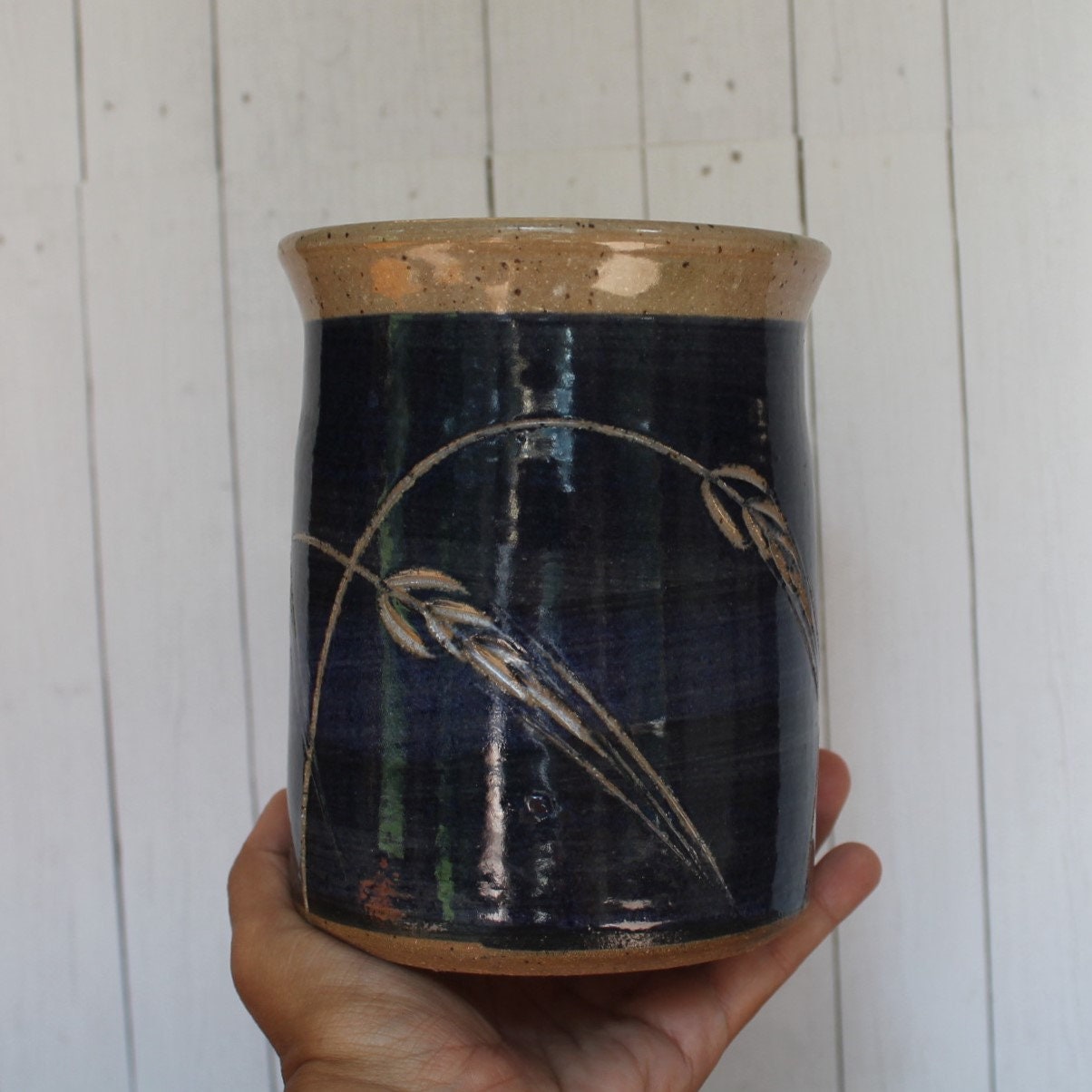 Vintage ANNAPOLIS POTTERY Stoneware Utensil Holder or Vase Blue and