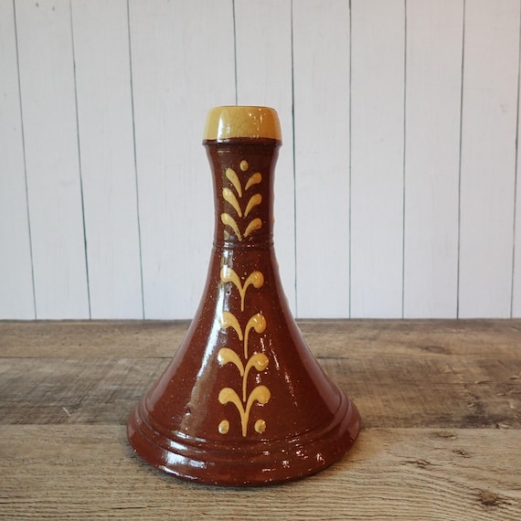 Vintage Wisconsin Pottery Redware Candlestick Single Brown and White Columbus WI