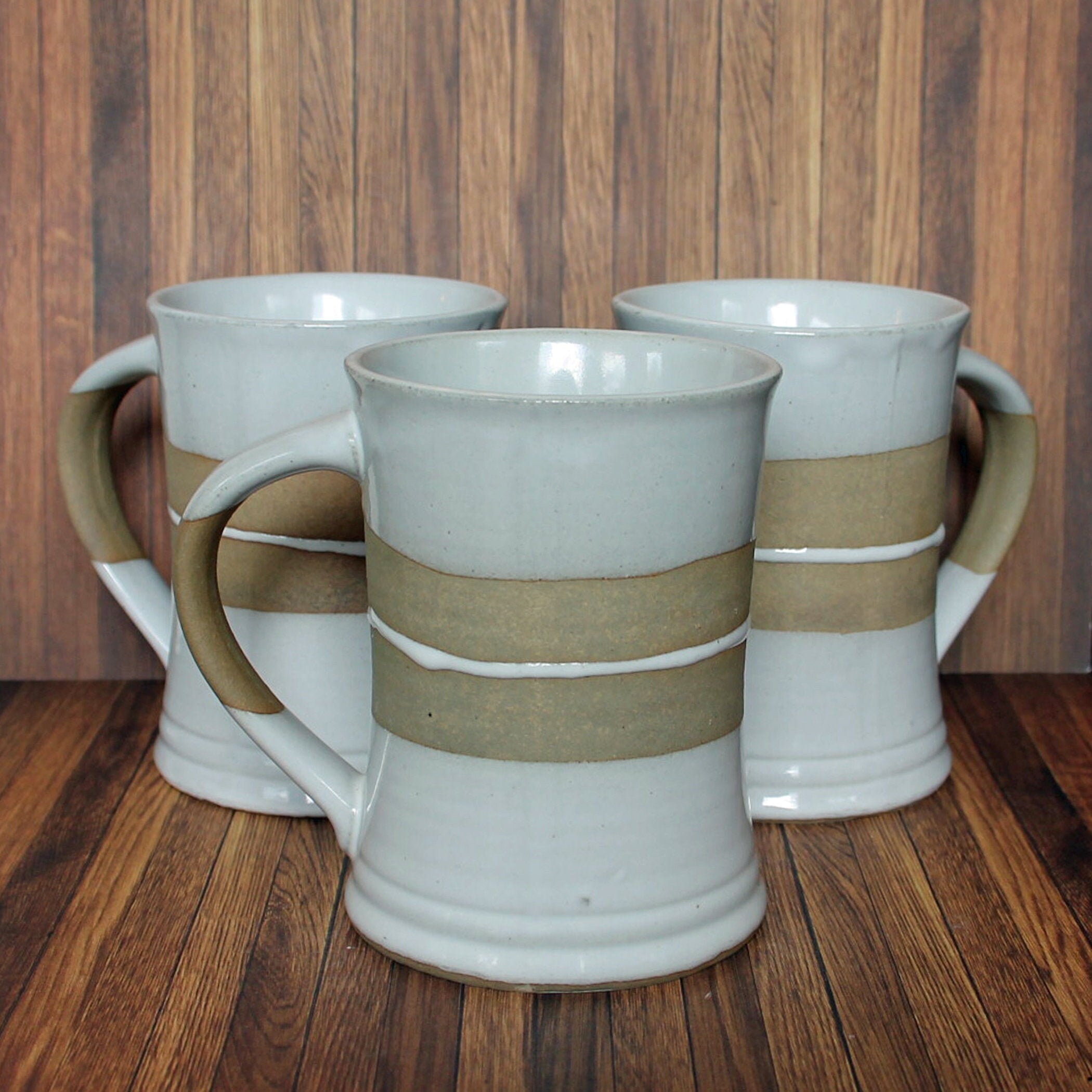 Vintage Stoneware Pottery Mug Set Of 3 White And Tan Modern Striped 