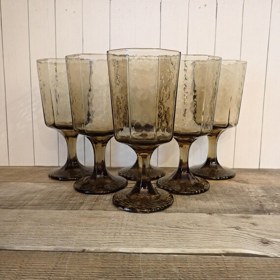 Vintage Libbey Glass FACETS Smoky Brown Faceted Water Goblet Wine Glass Set of 6 Flat Paneled Glasses