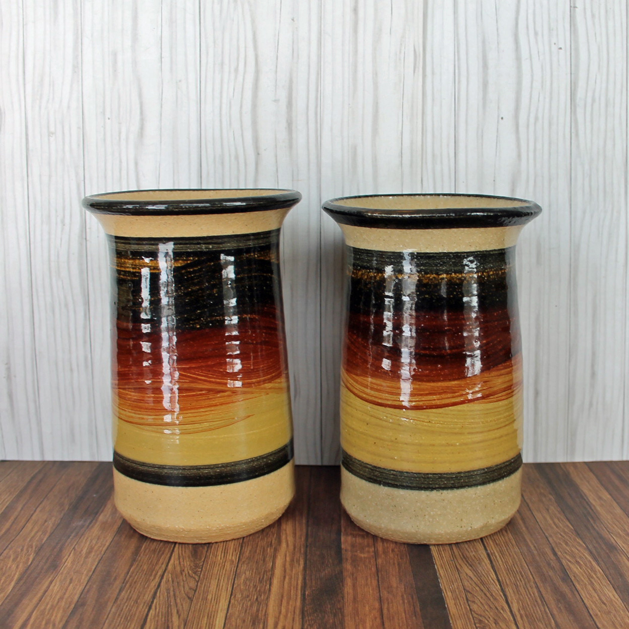 Vintage BLOOMINGTON POTTERY Vase Set of 2 Matching Vases Tan Yellow Red