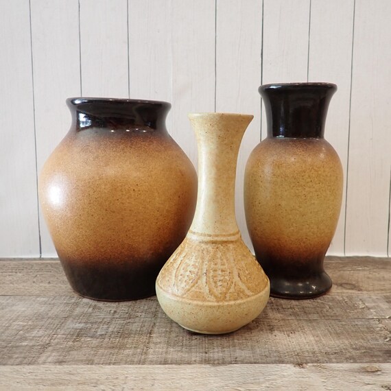Vintage Pottery Craft USA Stoneware Vase Set of 3 Cream Yellow Tan Brown Design PotteryCraft USA Mid Century