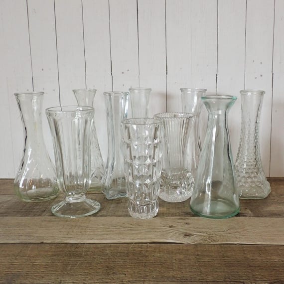 Vintage Clear Glass Bud Vase Set of 10 Vases All Different Patterns Wedding Vases