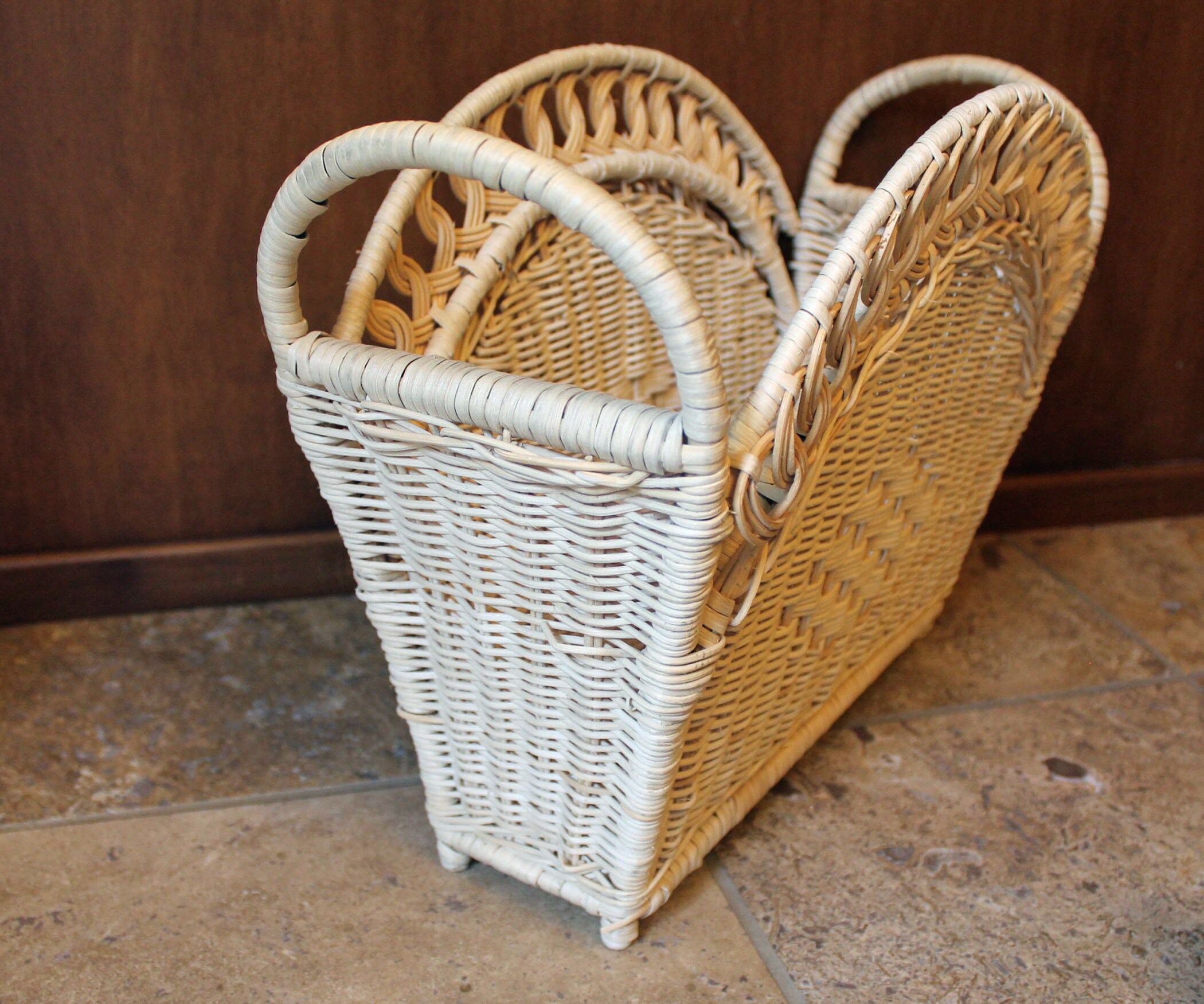 Vintage Wicker Woven Magazine Book Holder Rack with Handles Rectangular