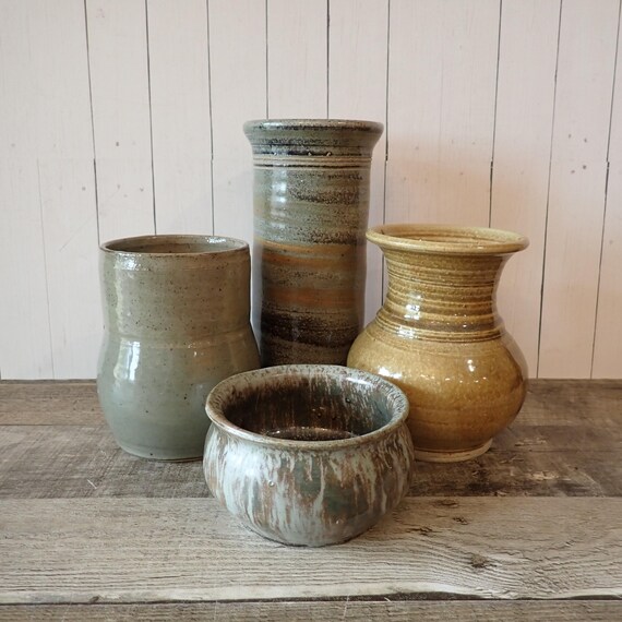 Vintage Mismatched Stoneware Planter and Vase Set of 4 Handmade Pottery Tan Brown Gray Glaze Patterns Mix and Match Set