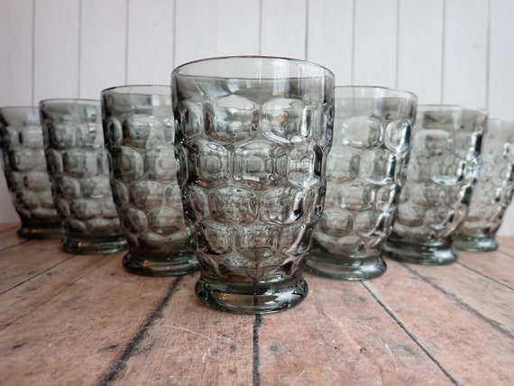 Vintage Federal Glass Yorktown Sundown Gray 6 oz. Footed 4" Tumbler Juice Glass Set of 8 Glasses Oval Dot Pattern