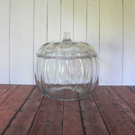 Vintage Large Glass Pumpkin Bowl Candy Dish with Lid Clear Glass Cookie Jar Anchor Hocking Fall Halloween Thanksgiving Decor