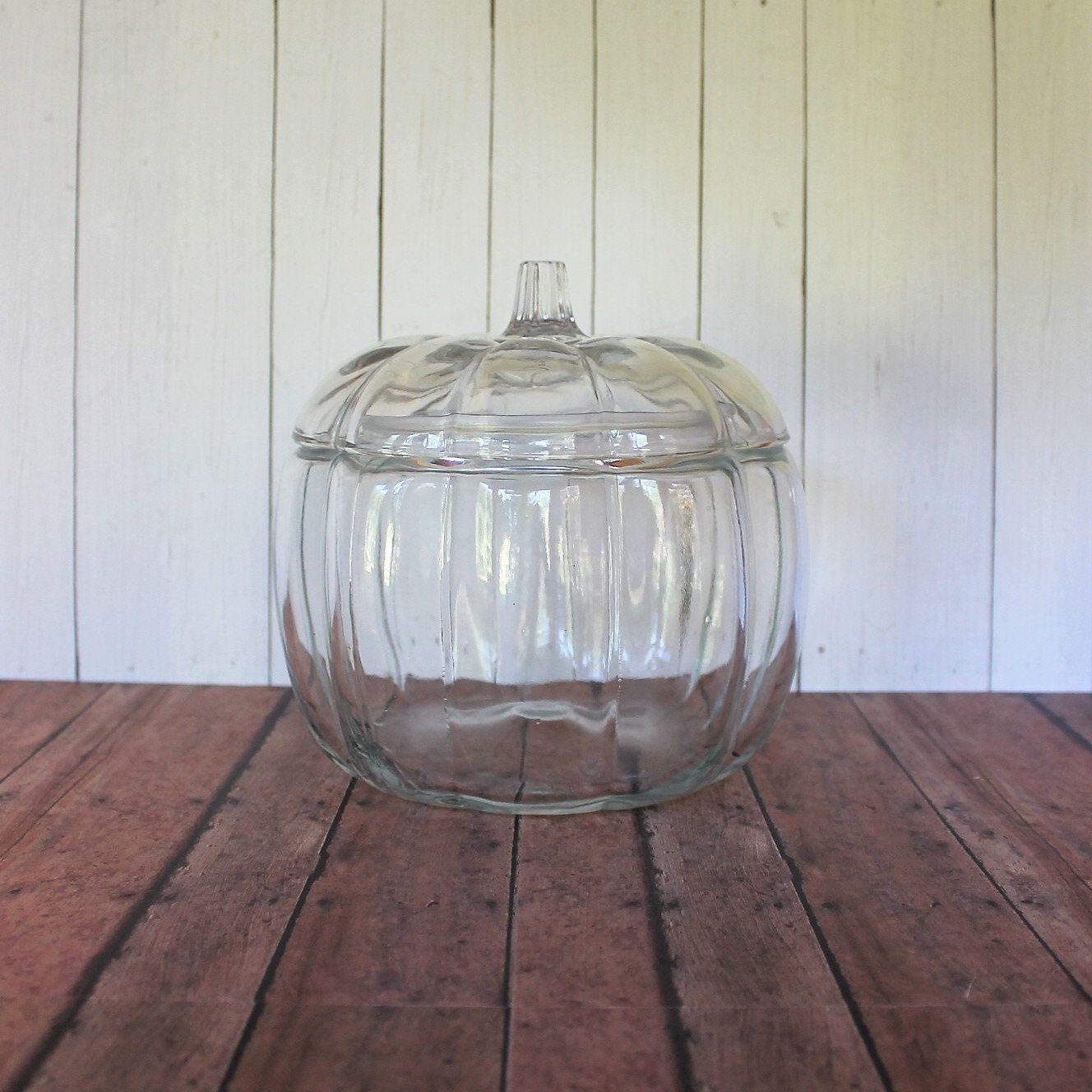 Vintage Large Glass Pumpkin Bowl Candy Dish with Lid Clear Glass Cookie Jar  Anchor Hocking Fall Halloween Thanksgiving Decor
