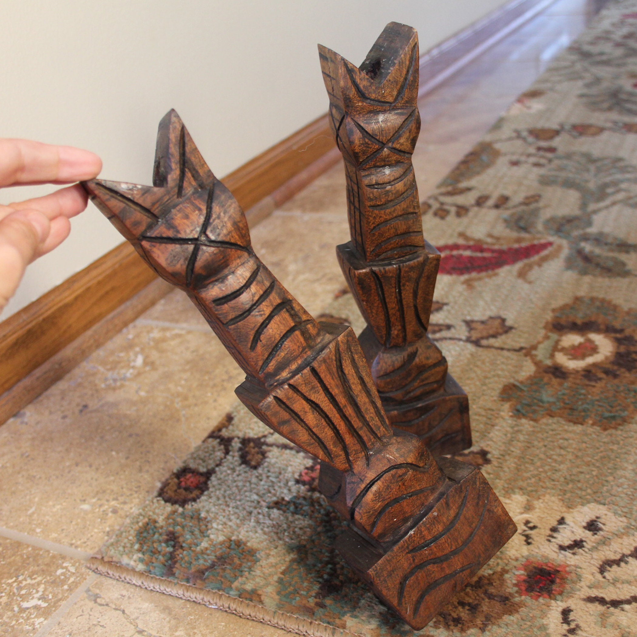 Vintage Wooden Carved Candlestick Pair Chunky Wood with Tiki Tribal