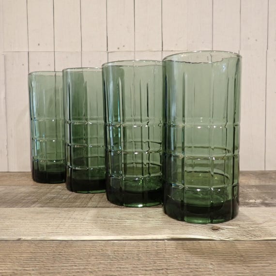 Vintage Anchor Hocking Tartan Olive Green 6" Ice Tea Tumbler Set of 4 Glass with Plaid Line Pattern