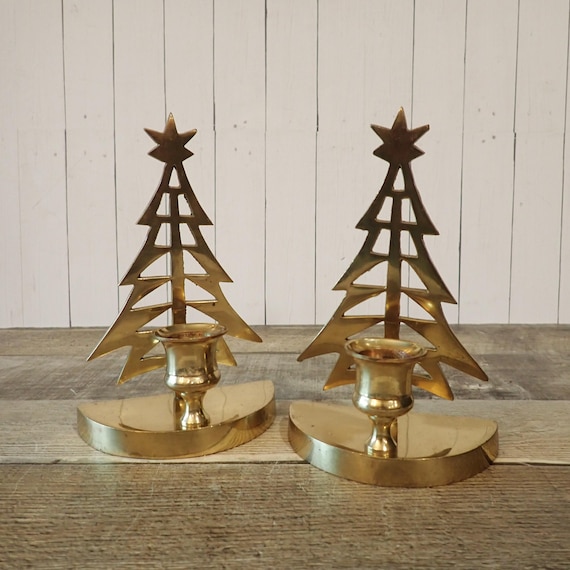 Vintage Brass Christmas Tree Candle Holder Set of 2 Taper Candle Holder