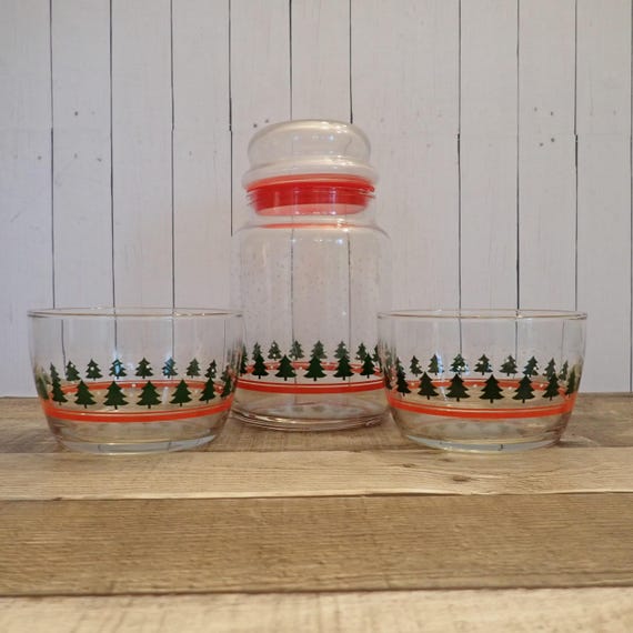 Vintage Libbey Christmas Tree Glass Canister Apothecary Jar and Bowl Set of 3 Christmas Candy Jar