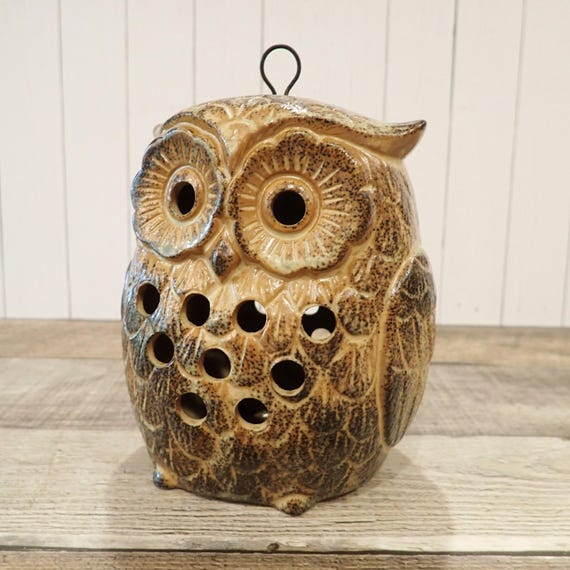 Vintage Stoneware Owl Tealight Votive Candle Holder Luminary Lantern Brown Ceramic Owl Figurine Candleholder Mid Century Modern