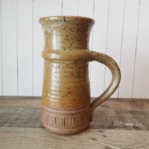 Vintage Large Brown Stoneware Mug Stein Brown and Tan With Etched Geometric Design