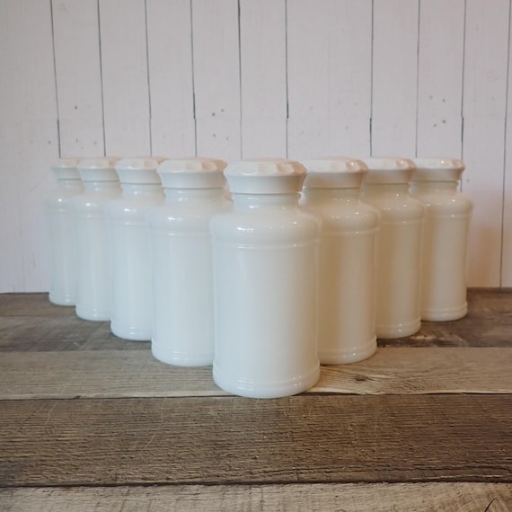 Vintage Milk Glass Spice Jar Set of 8 Tall 5" White Glass Bottles with Lids