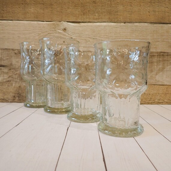 Vintage Libbey COUNTRY GARDEN Clear Set of 4 Tumbler Glasses Water Goblet Flower Daisy Design Floral Pattern 1970s