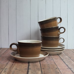 Vintage Mikasa Potters Art BUCKSKIN Flat Cup Mug and Saucer Set 4 or 8 or 12 White with Brown Stripes Banded Design Ben Seibel Buck Skin