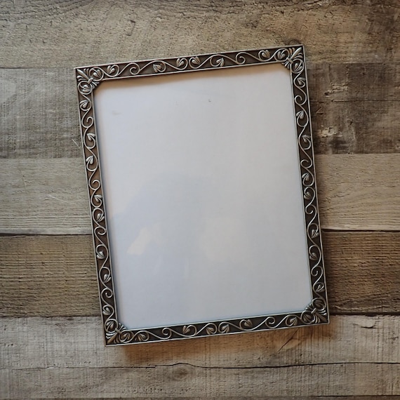Vintage Silver Metal 8x10 Photo Picture Frame 8" x 10" with Etched Scroll Leaf Vine Design