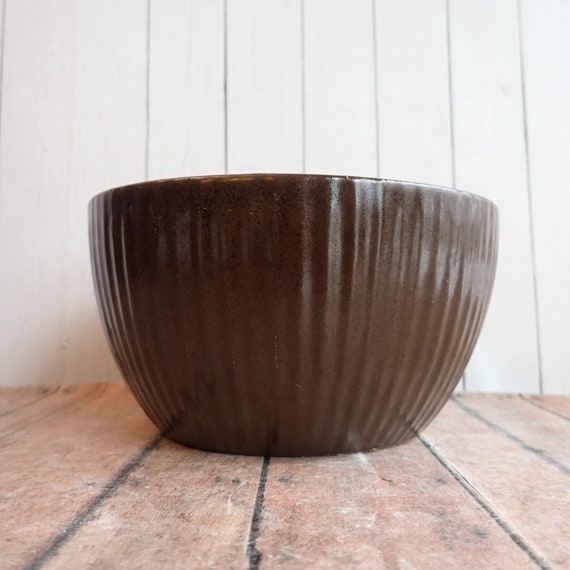 Vintage Zanesville Stoneware Planter Stoneage Modern Brown Ribbed Small Flowerpot 4405 Flower Pot