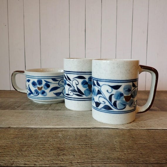 Vintage Otagiri HACIENDA Soup Bowl and Mug Set of 3 White Stoneware with Blue Flower and Leaf Design