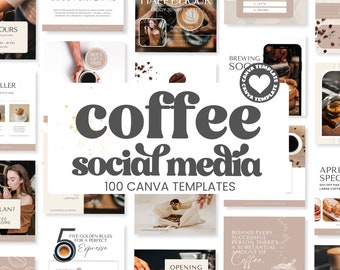 May include: A collage of images promoting coffee shop social media templates. The images feature coffee drinks, coffee beans, and text overlays such as "Brewing Social Media Canva Template", "Five Golden Rules for a Perfect Espresso", and "April Specials".
