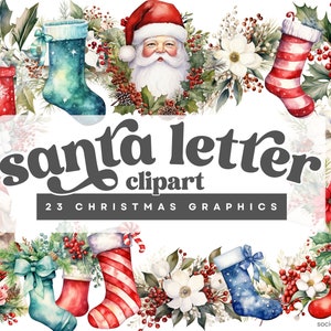 Cartas a Papá Noel Clipart / Carta en acuarela a Papá Noel Clipart / Papá Noel Clipart / Navidad / Papá Noel / Medias navideñas / Acebo Clipart