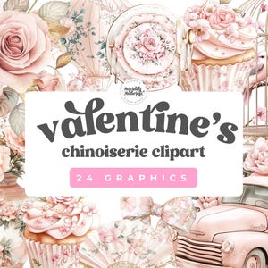 Chinoiserie Valentines Clipart - Pink Watercolor Floral - Digital Download - Commercial Use - Chinoiserie Heart Designs - Vintage Floral PNG