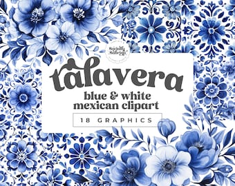 Mexican Talavera Clipart Set, Blue & White Tile Designs, Digital Download PNG, Floral Bouquets and Mosaic Art, DIY Mexican Home Decor