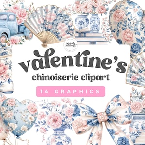 Chinoiserie Valentines Clipart - Pink & Blue Watercolor Floral - Digital Download - Commercial Use - Chinoiserie Designs - Vintage PNG