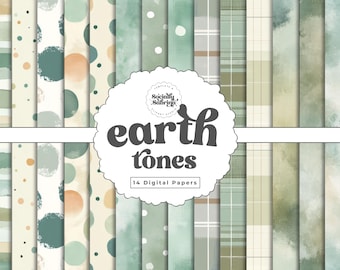 Paquete de papel digital con acuarela en tonos tierra, lunares neutros, boho, papel para álbumes de recortes imprimible, fondo de rayas, cuadros vichy